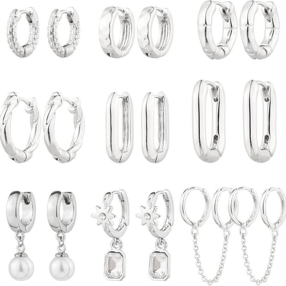 9 Pairs Gold Chunky Hoop Earrings Set for Women, 14K Gold Plated Twisted Huggie